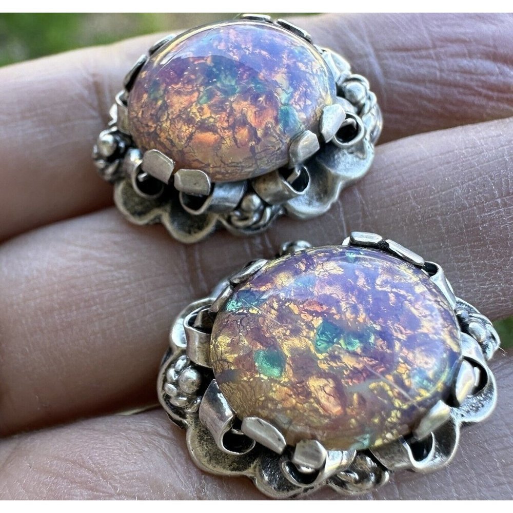 VTG Taxco Mexico sterling silver and faux foil opal earrings - Picture 4 of 11